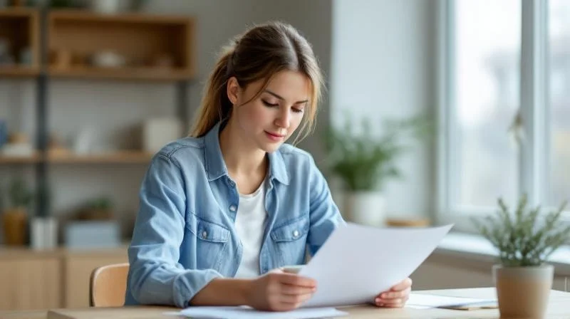 Frau liest Unterlagen an einem Schreibtisch in einem hellen Raum in Giessen