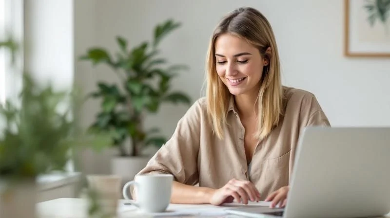 Berufstaetige Frau aus Giessen lernt online fuer eine IHK-Fortbildung