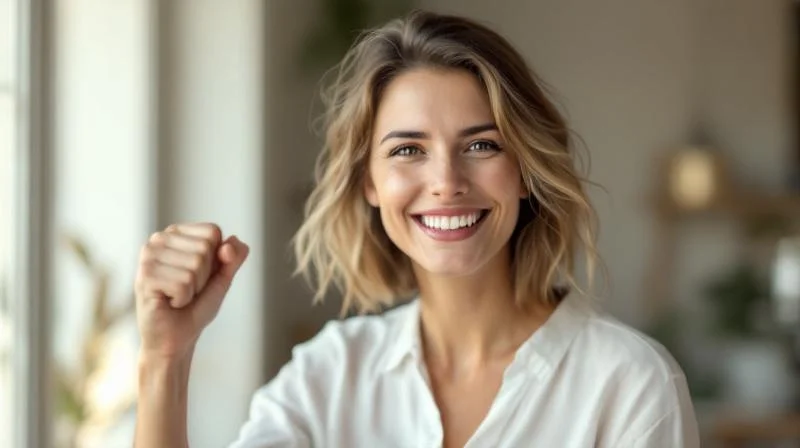 Frau feiert ihren IHK-Pruefungserfolg am Schreibtisch in Giessen