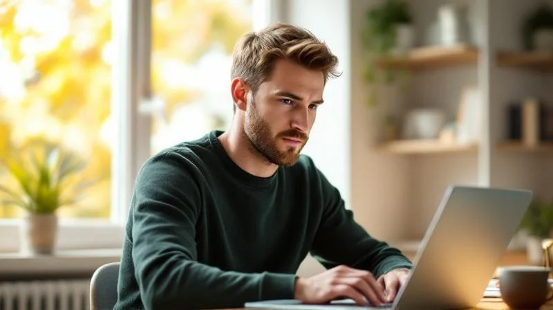 Mann arbeitet am Laptop an einem Schreibtisch mit Blick aus dem Fenster in Giessen