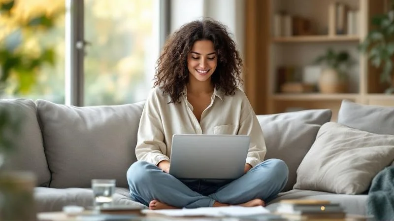 Frau sitzt mit Laptop auf dem Sofa in einer hellen Wohnung in Giessen