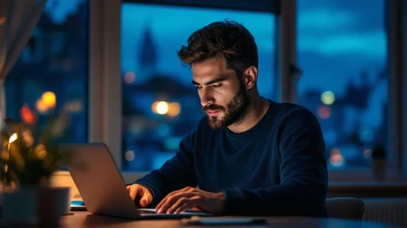 Mann lernt abends am Schreibtisch mit Laptop in einer Giessener Wohnung
